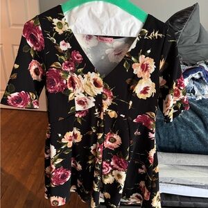 Hello MIZ Black Floral V-Neck Tunic with Pink and Cream Roses